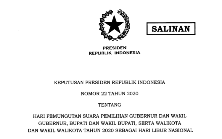 Pemerintah Tetapkan Hari Pilkada Serentak 9 Desember 2020 Sebagai Libur Nasional