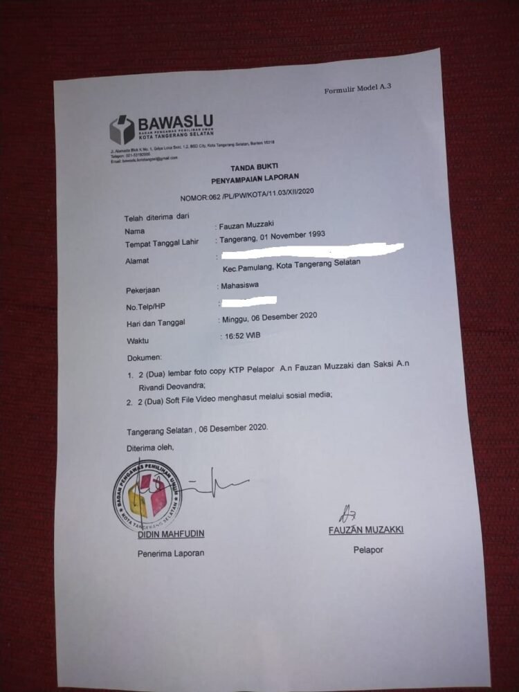 Tim Muhamad-Saraswati Dilaporkan ke Bawaslu Tangsel Karena Kampanye Menghasut di Media Sosial