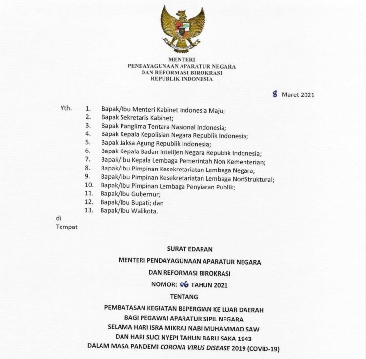 Menteri PANRB Larang ASN Bepergian Ke Luar Daerah Saat Libur Isra Mikraj dan Nyepi 2021