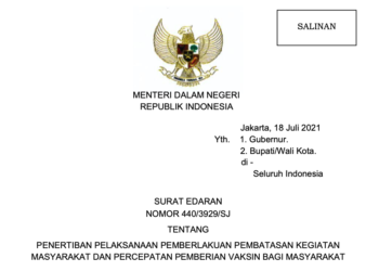 Mendagri Terbitkan Edaran tentang Penertiban Pelaksanaan PPKM dan Percepatan Vaksinasi