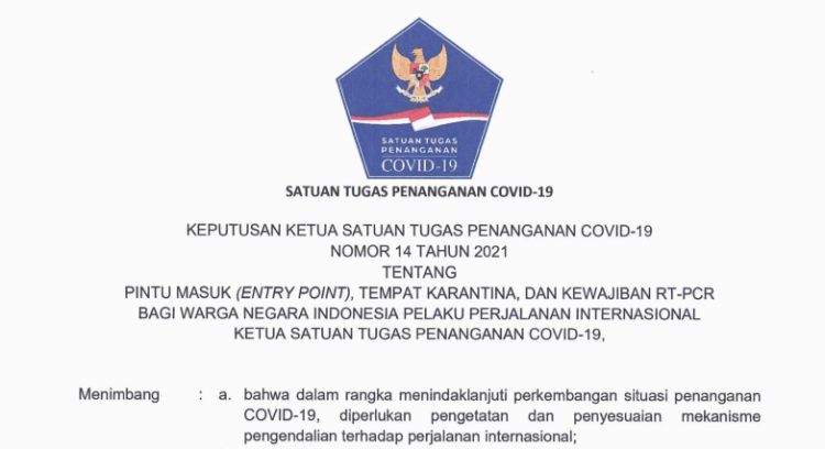 Satgas COVID-19 Terbitkan Edaran Mengenai Pintu Masuk dan Tempat Karantina Bagi WNI dari Luar Negeri