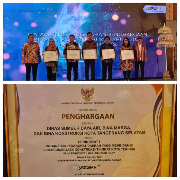 Dinas SDABMBK Kota Tangsel Meraih Penghargaan Kategori OPD Tingkat Kota/Kabupaten Terbaik Pertama Penghargaan Jasa Konstruksi Tahun 2022