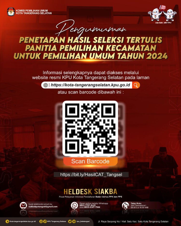 Pengumuman Penetapan Hasil Seleksi Tertulis PPK Pemilu 2024 KPU Kota Tangerang Selatan